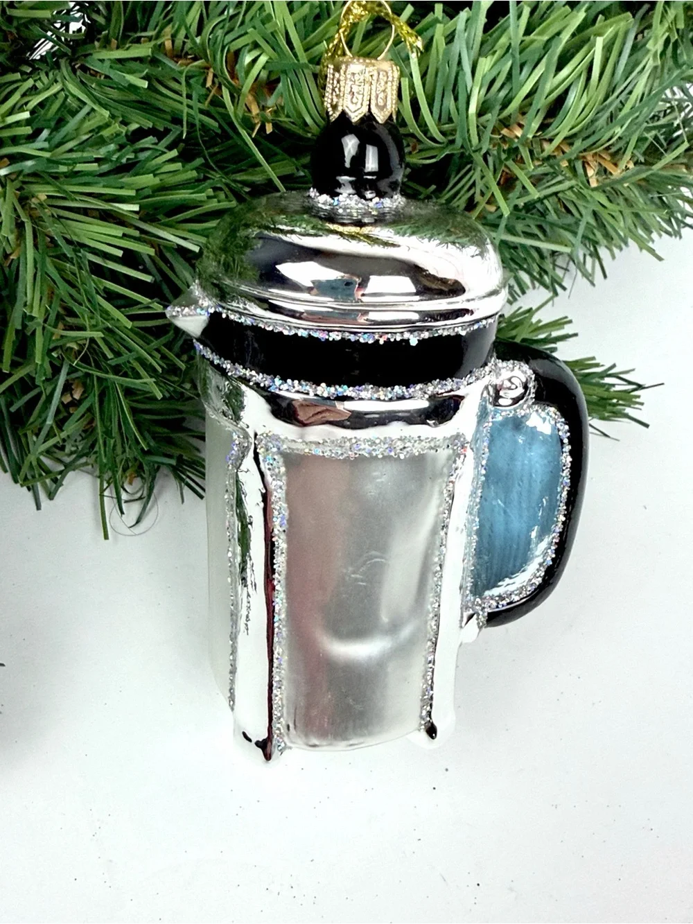 Glass Christmas Ornament French Press Coffee Maker made in Poland Sur La Table
